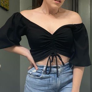 Black Cropped V-Neck Blouse with Adjustable Strings